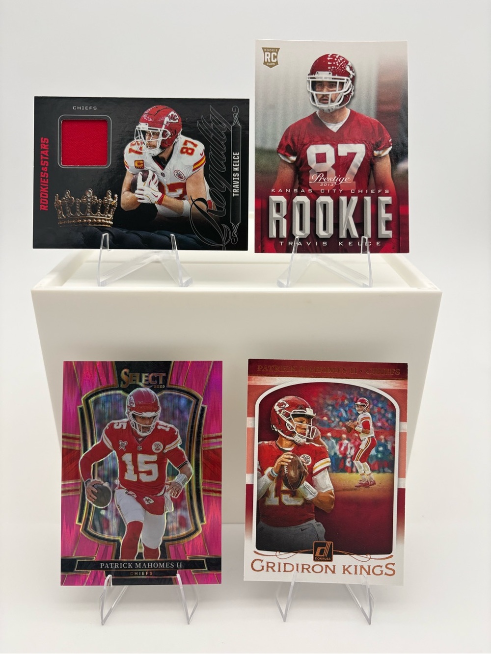 Chiefs 4-Card Lot Mahomes Pink Prizm/Gridiron Kings & Kelce Rookie/Royalty Patch